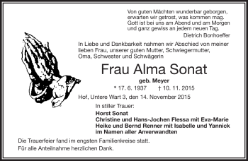 Traueranzeige von Alma Sonat von Frankenpost