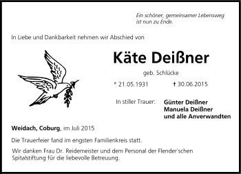 Traueranzeige von Käte Deißner von Neue Presse Coburg