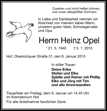 Traueranzeige von Heinz Opel von Frankenpost