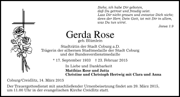 Traueranzeige von Gerda Rose von Neue Presse Coburg