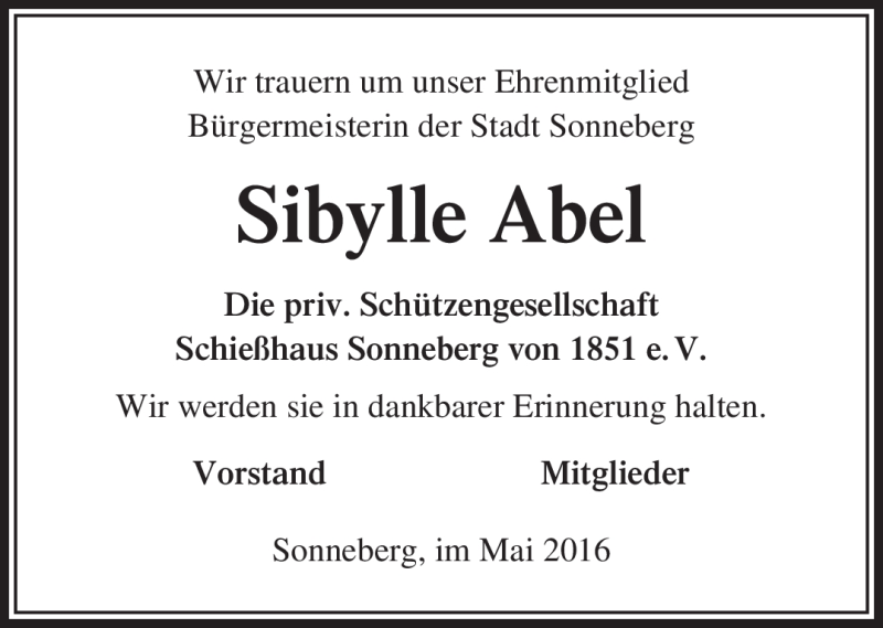  Traueranzeige für Sibylle Abel vom 02.05.2016 aus Südthüringer Presse