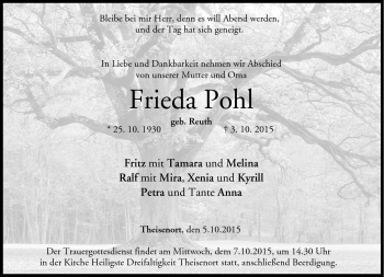Traueranzeige von Frieda Pohl von Neue Presse Coburg