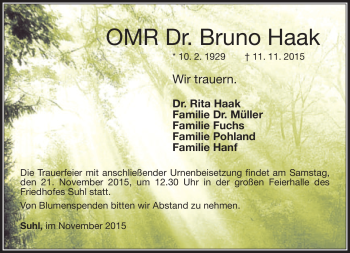 Traueranzeige von Bruno Haak von Südthüringer Presse