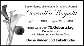 Traueranzeige von Veronika Boywitt von Südthüringer Presse