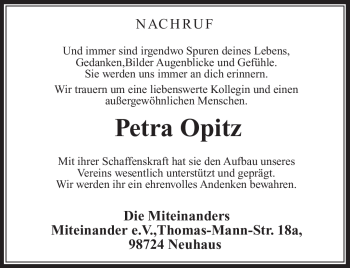 Traueranzeige von Petra Opitz von Südthüringer Presse