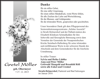 Traueranzeige von Gretel Möller von Südthüringer Presse
