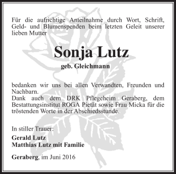 Traueranzeige von Sonja Lutz von Südthüringer Presse