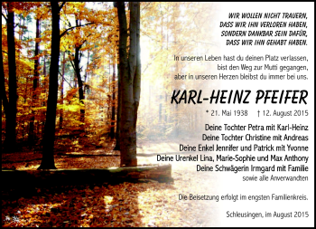 Traueranzeige von Karl-Heinz Pfeifer von Südthüringer Presse