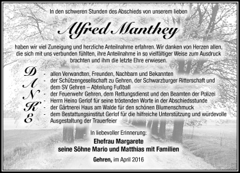 Traueranzeige von Alfred Manthey von Südthüringer Presse