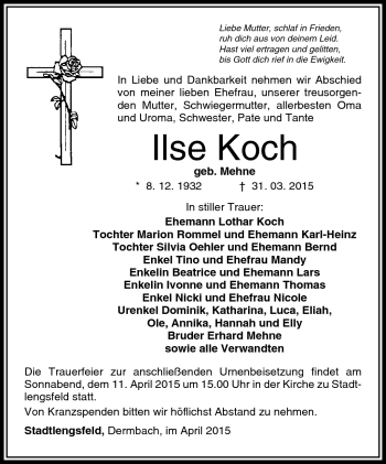 Traueranzeige von Ilse Koch von Südthüringer Presse