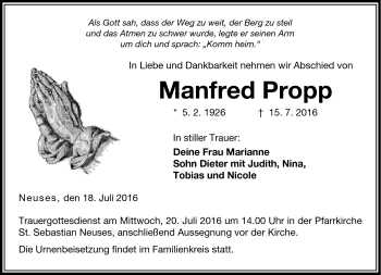Traueranzeige von Manfred Propp von Neue Presse Coburg