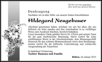 Traueranzeige von Hildegard Neugebauer von Südthüringer Presse