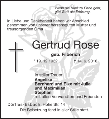 Traueranzeige von Gertrud Rose von Neue Presse Coburg