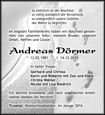 Traueranzeige von Andreas Dörmer von Südthüringer Presse