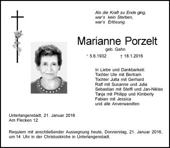 Traueranzeige von Marianne Porzelt von Neue Presse Coburg