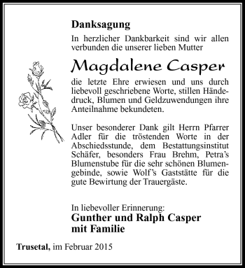 Traueranzeige von Magdalene Casper von Südthüringer Presse