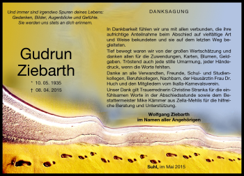 Traueranzeige von Gudrun Ziebarth von Südthüringer Presse
