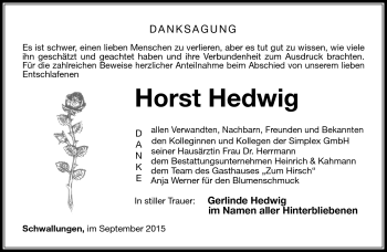 Traueranzeige von Horst Hedwig von Südthüringer Presse