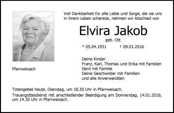 Traueranzeige von Elvira Jakob von Neue Presse Coburg