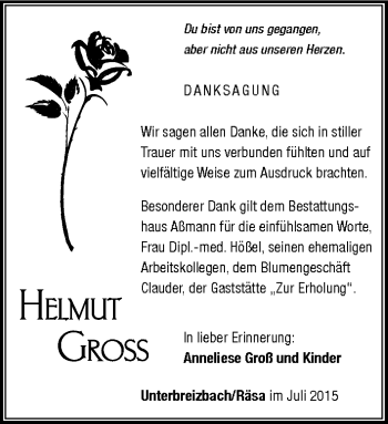 Traueranzeige von Helmut Groß von Südthüringer Presse