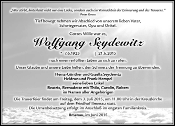 Traueranzeige von Wolfgang Seydewitz von Südthüringer Presse