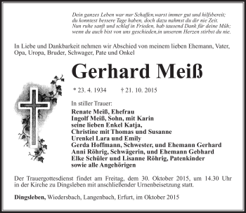 Traueranzeige von Gerhard Meiß von Südthüringer Presse