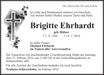 Traueranzeige von Brigitte Ehrhardt von Südthüringer Presse