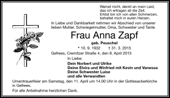 Traueranzeige von Anna Zapf von Frankenpost
