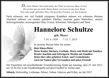 Traueranzeige von Hannelore Schultze von Südthüringer Presse