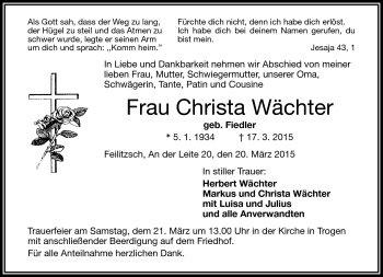 Traueranzeige von Christa Wächter von Frankenpost