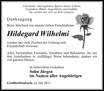 Traueranzeige von Hildegard Wilhelmi von Südthüringer Presse
