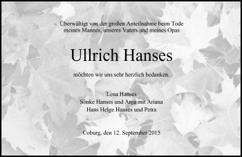 Traueranzeige von Ullrich Hanses von Neue Presse Coburg