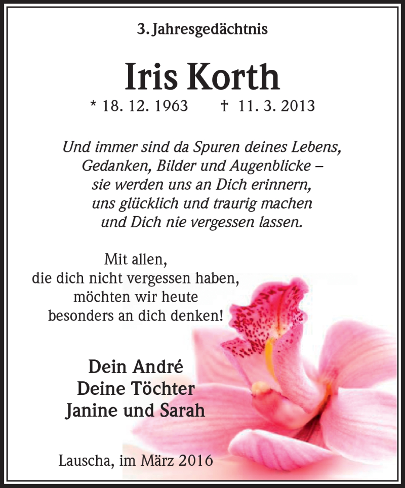  Traueranzeige für Iris Korth vom 11.03.2016 aus Südthüringer Presse