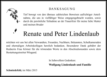 Traueranzeige von Renate und Peter Lindenlaub von Südthüringer Presse