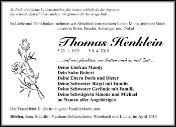 Traueranzeige von Thomas Henklein von Südthüringer Presse