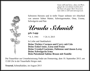 Traueranzeige von Ursula Schmidt von Südthüringer Presse