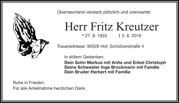 Traueranzeige von Fritz Kreutzer von Frankenpost
