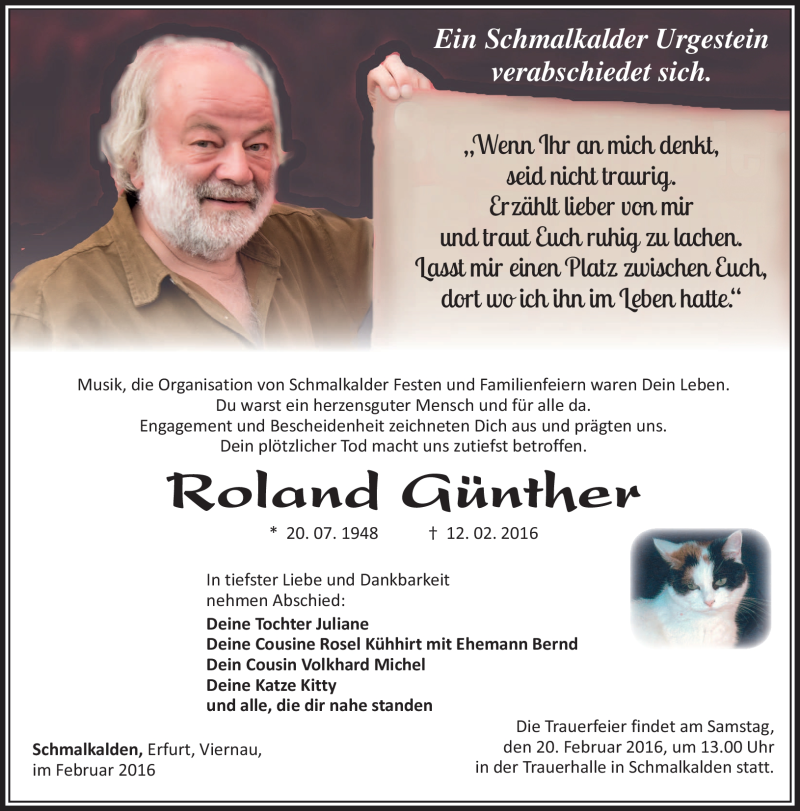  Traueranzeige für Roland Günther vom 17.02.2016 aus Südthüringer Presse
