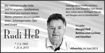 Traueranzeige von Rudi Heß von Südthüringer Presse