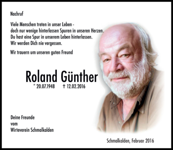 Traueranzeige von Roland Günther von Südthüringer Presse