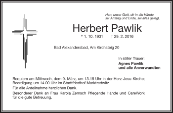 Traueranzeige von Herbert Pawlik von Frankenpost