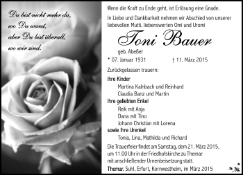 Traueranzeige von Toni Bauer von Südthüringer Presse