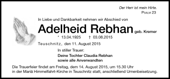 Traueranzeige von Adelheid Rebhan von Neue Presse Coburg