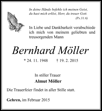 Traueranzeige von Bernhard Möller von Südthüringer Presse