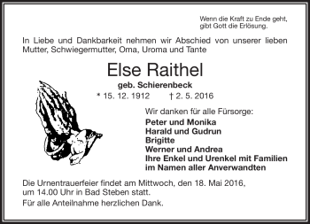 Traueranzeige von Else Raithel von Frankenpost
