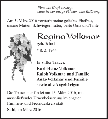 Traueranzeige von Regina Volkmar von Südthüringer Presse
