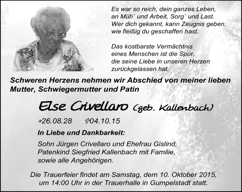  Traueranzeige für Else Crivellaro vom 07.10.2015 aus Südthüringer Presse
