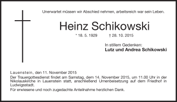 Traueranzeige von Heinz Schikowski von Neue Presse Coburg