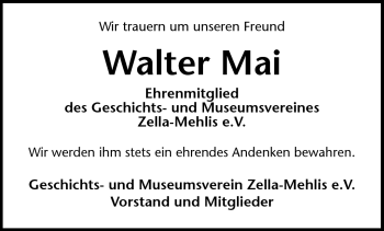 Traueranzeige von Walter Mai von Südthüringer Presse