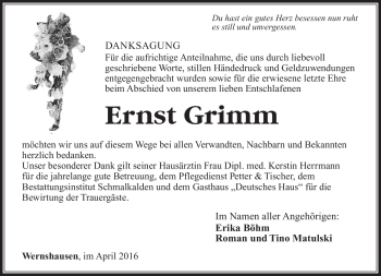 Traueranzeige von Ernst Grimm von Südthüringer Presse